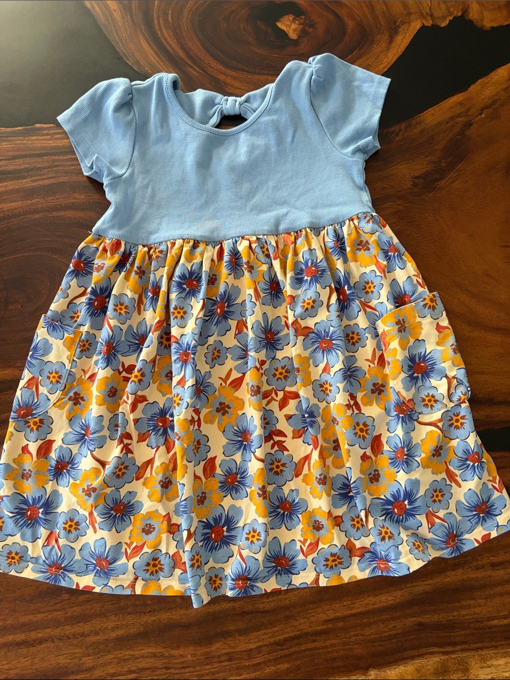 Flapdoodles Blue Top Floral Dress with Yellow and Red Accents